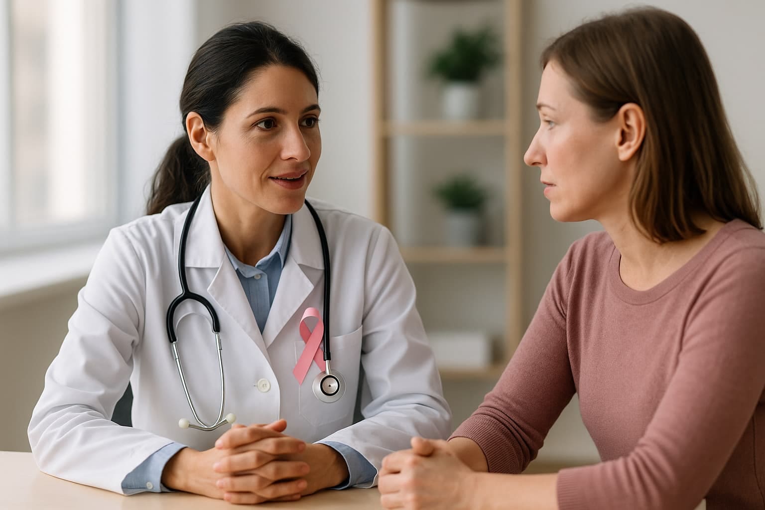 Female doctor talking with breast cancer survivor during a follow-up consultation