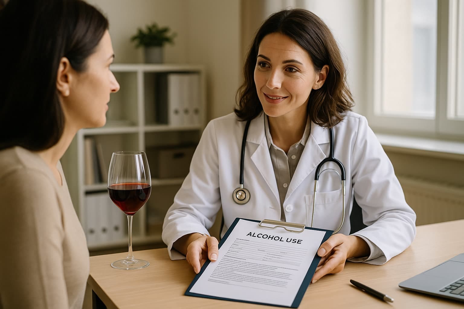 Doctor consulting with a patient at a desk with a glass of wine, representing life insurance approval for moderate alcohol use