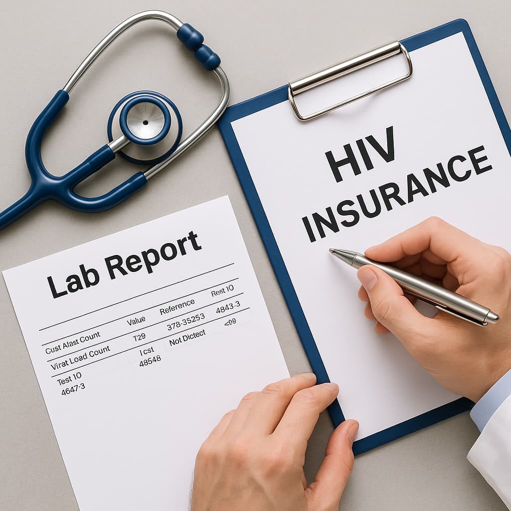 Doctor’s hands holding a clipboard with lab results and a stethoscope nearby, symbolizing life insurance evaluation for HIV-positive applicants
