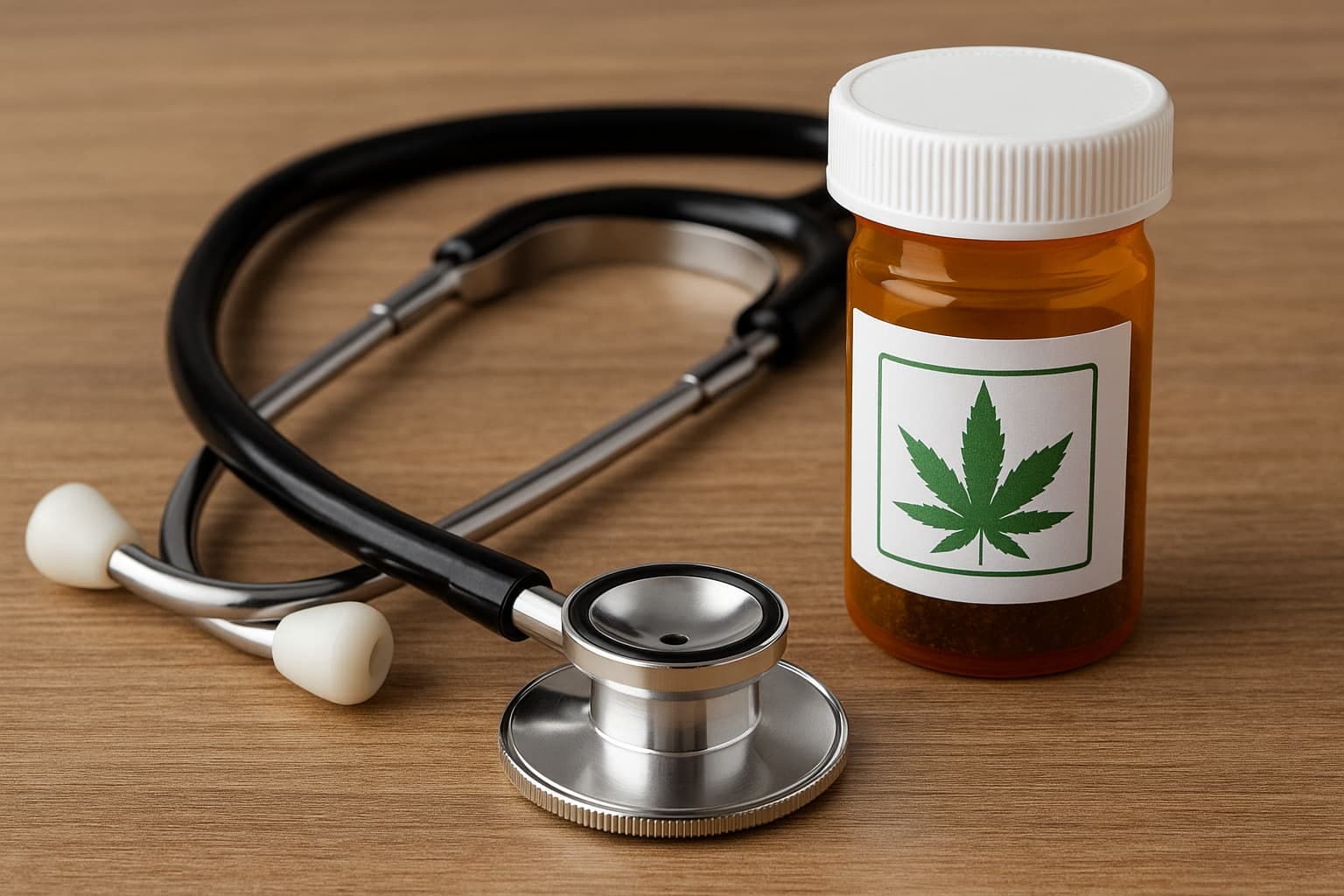 Stethoscope beside a prescription bottle with a cannabis leaf label, representing life insurance for marijuana users