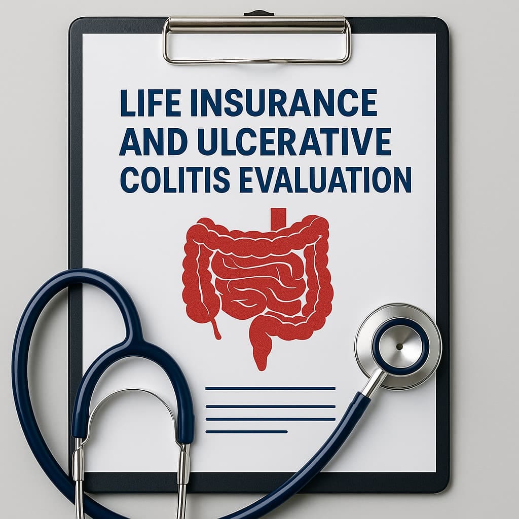 Medical clipboard with digestive system diagram and stethoscope, symbolizing life insurance options for people with ulcerative colitis