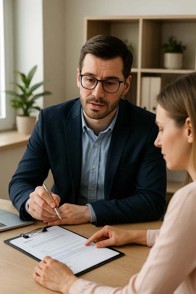 Life insurance agent talking with a client about health conditions during the application process.