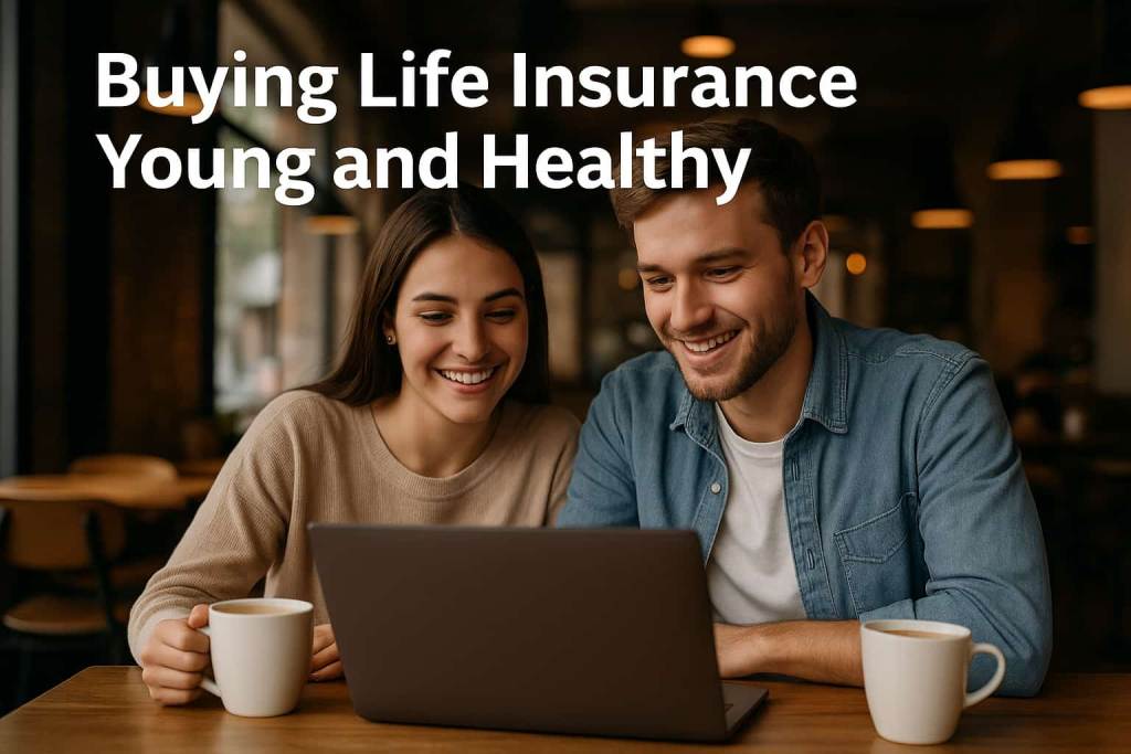 A young couple sits in a coffee shop with laptops and coffee mugs, smiling as they review affordable life insurance options while still young and healthy.