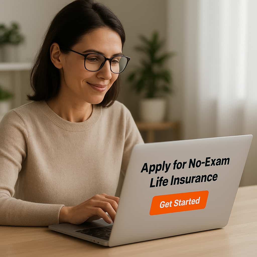 Woman applying for life insurance online from her laptop, exam-free process