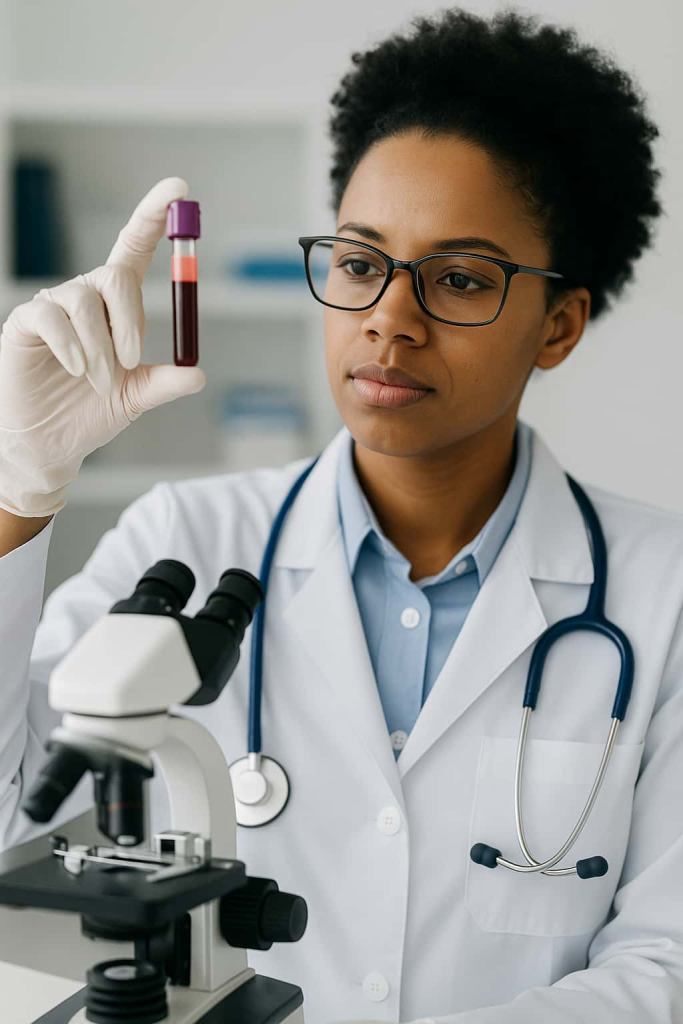 Female doctor with glasses examining blood sample in a laboratory setting for leukemia testing