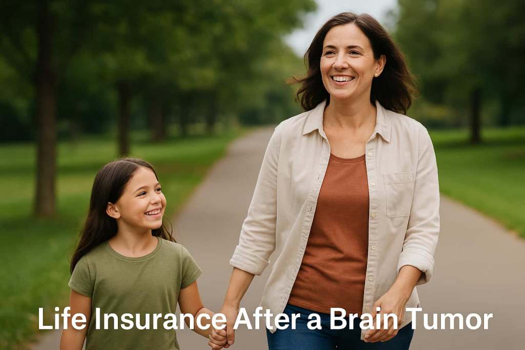 A mother in her 40s walks hand in hand with her young daughter in a park, symbolizing recovery and stability after a brain tumor.