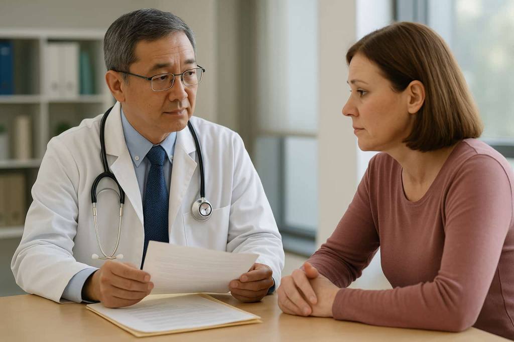 A doctor consults with a patient about pancreatic cancer follow-up care and life insurance options.