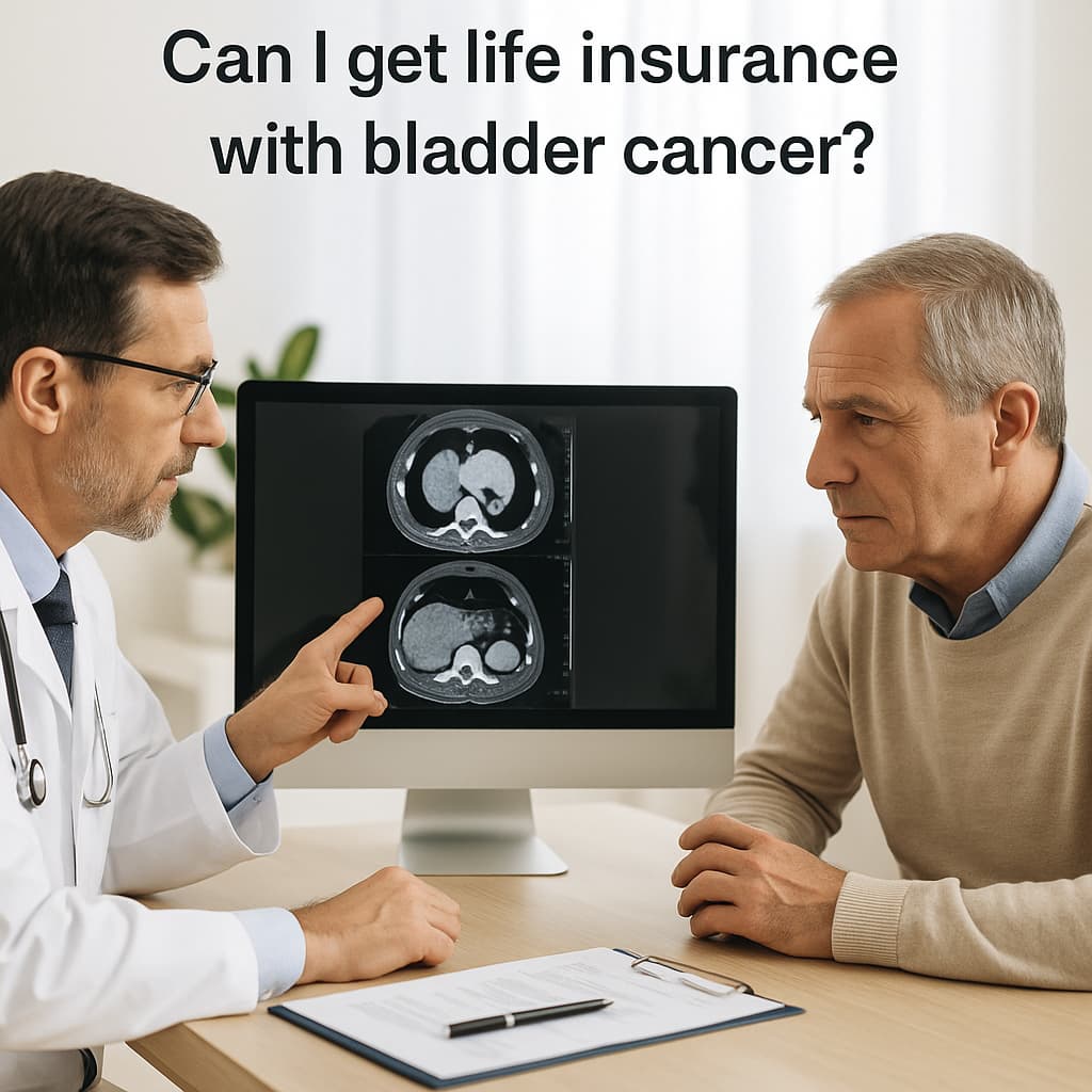 Doctor reviewing bladder cancer test results with a patient during a medical consultation, representing life insurance eligibility discussions.