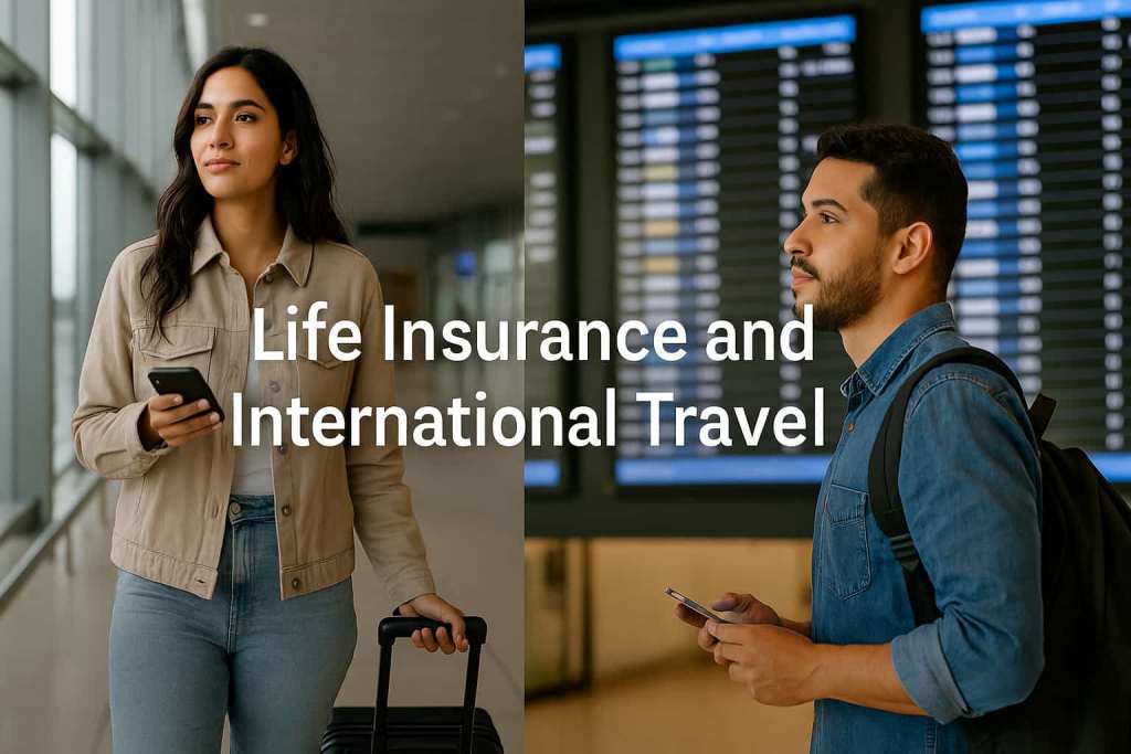 A Hispanic woman with a suitcase and a Hispanic man at departure boards in an airport, representing how international travel can affect life insurance eligibility.