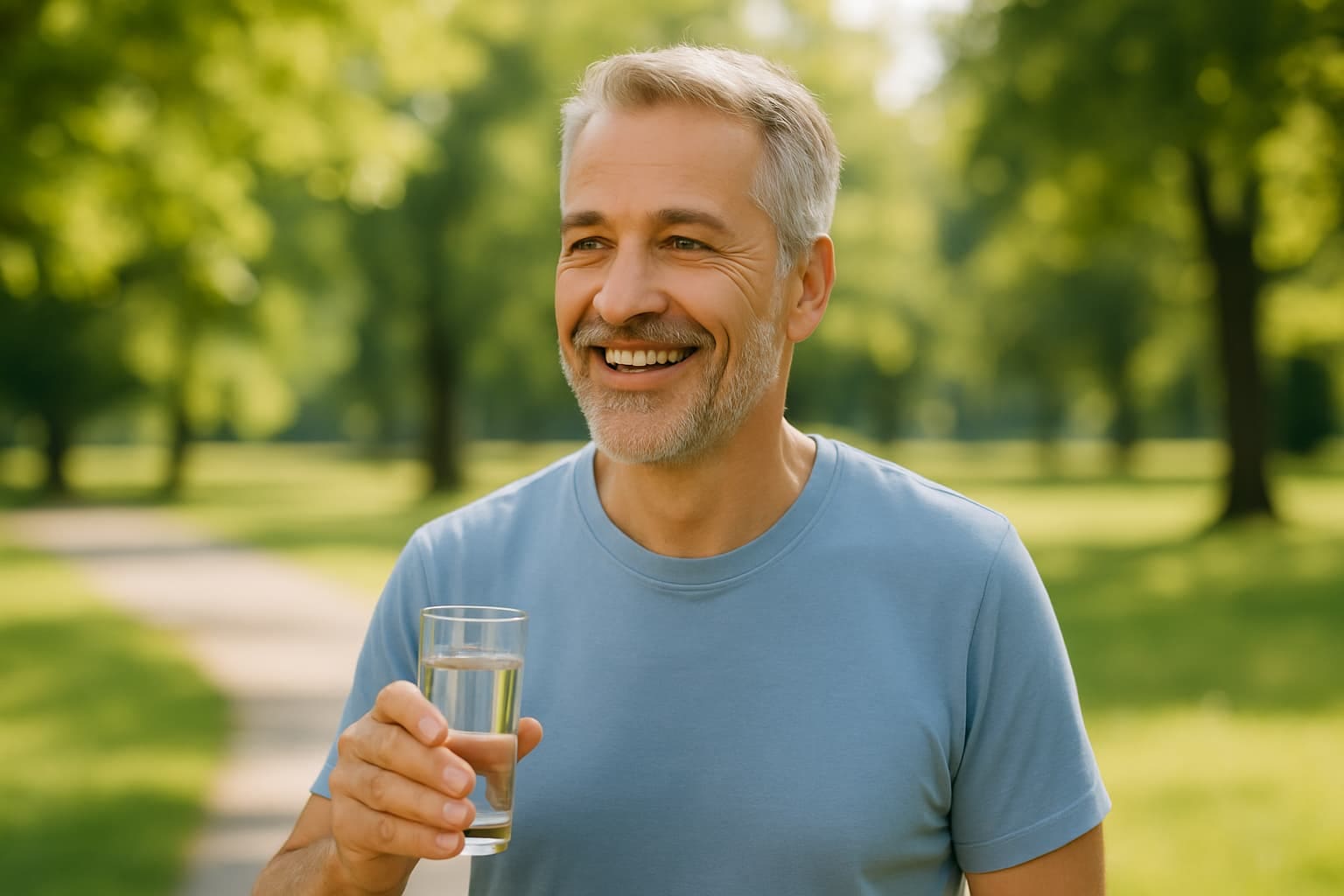 A smiling middle-aged man outdoors in a sunny park, holding a glass of water, symbolizing health and stability for those living with kidney disease.