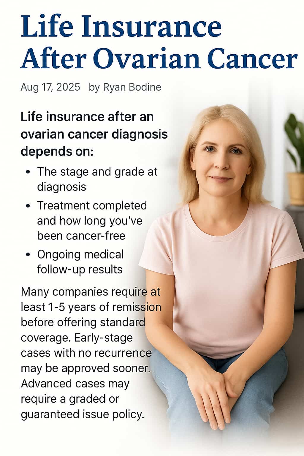 Healthy middle-aged woman smiling in a bright room, representing life insurance options after ovarian cancer