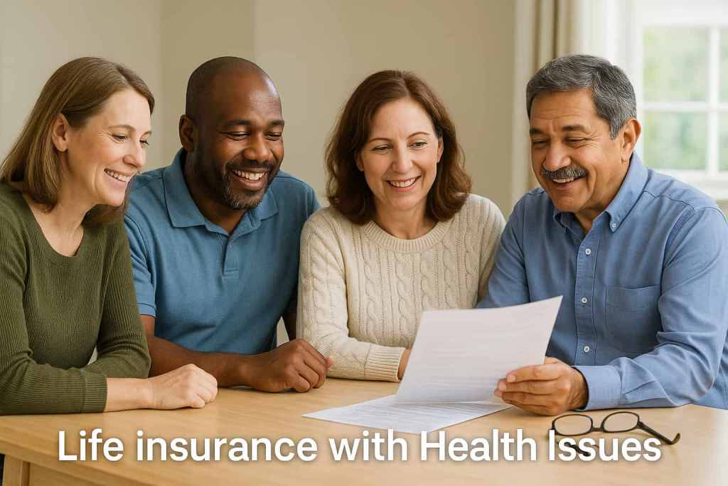 A diverse group of adults sit together around a table, smiling as they review life insurance options while managing different health issues.