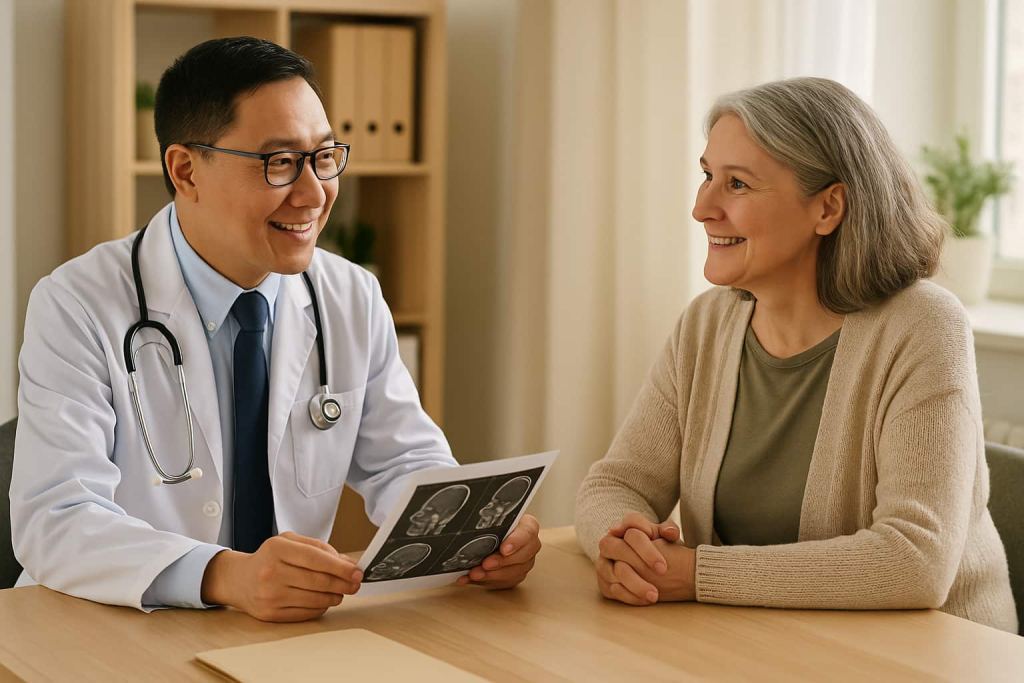 Doctor discussing positive follow-up results with a lymphoma survivor in remission, representing hope and life insurance eligibility.