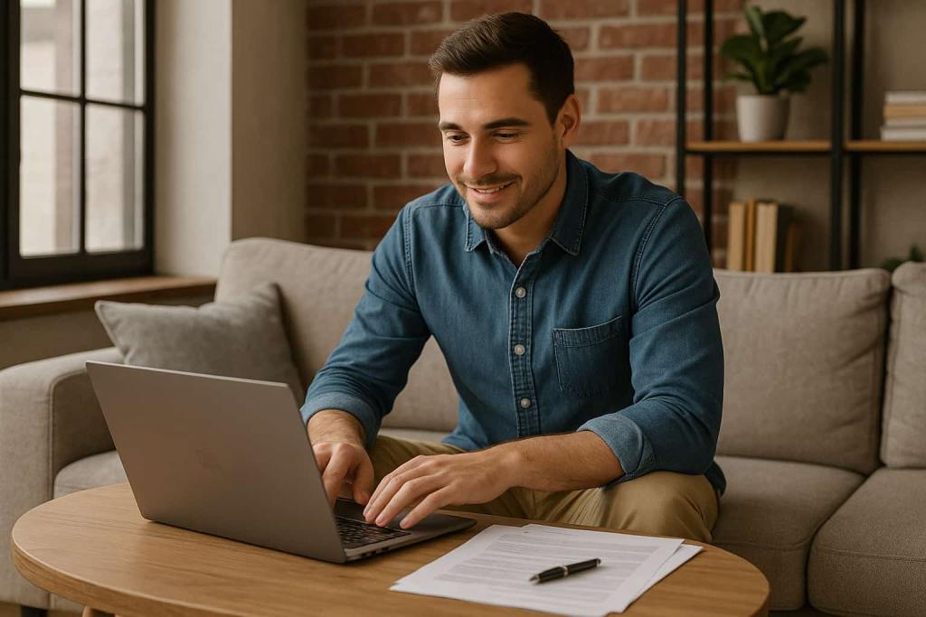 A young professional sits in a modern apartment with a laptop and documents, reviewing life insurance options even without having children.