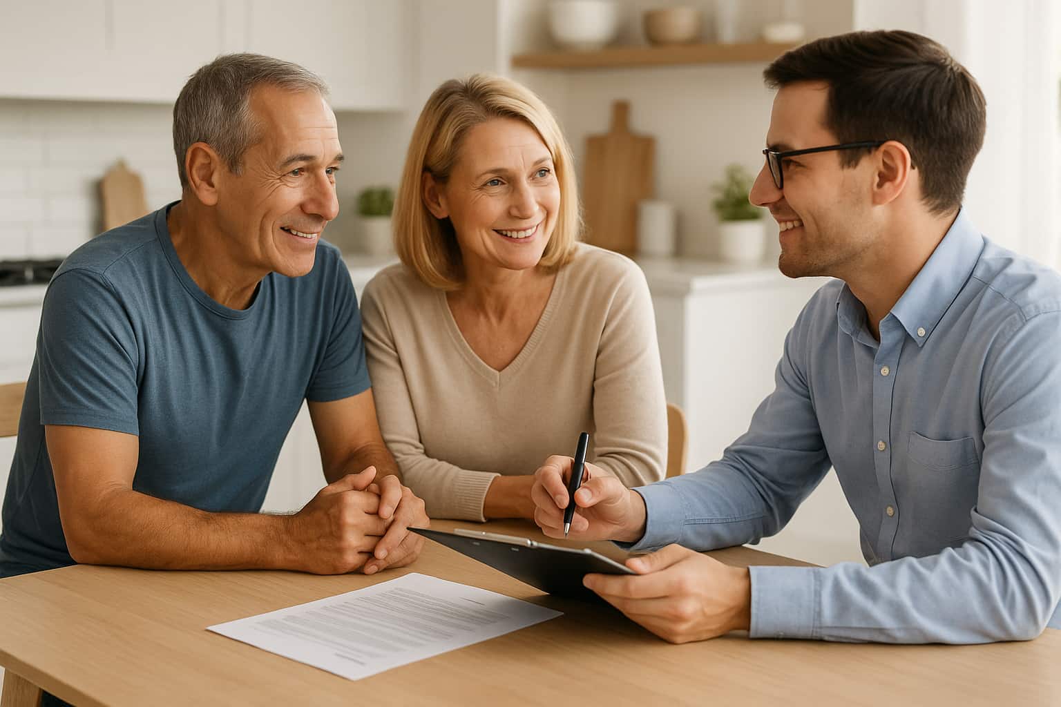 Three people sitting together at a table, reviewing life insurance options with an agent