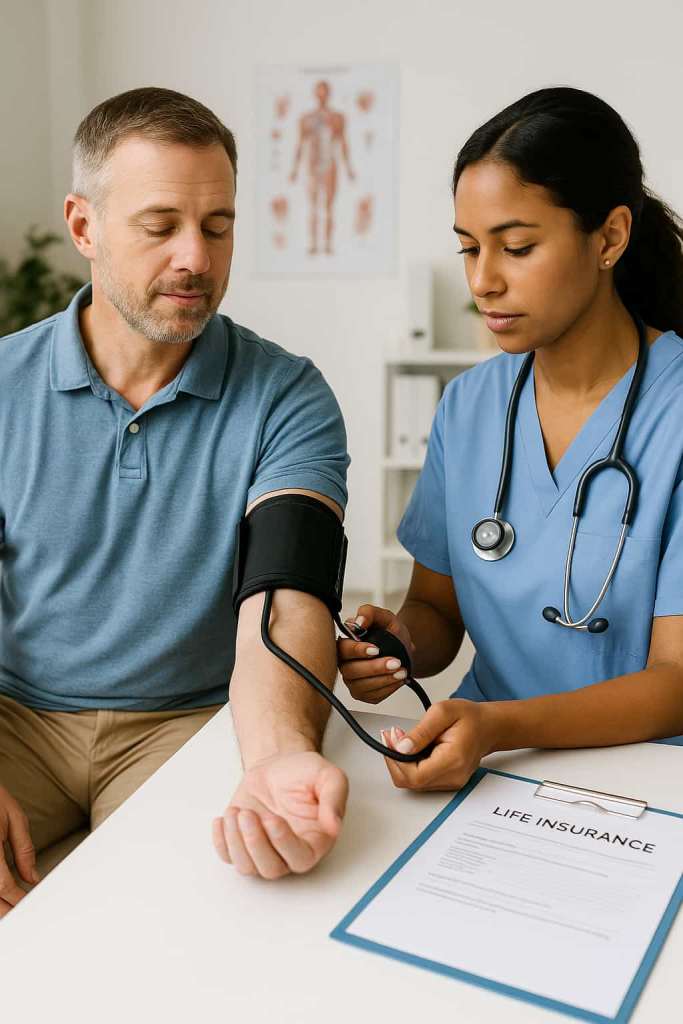 Healthcare professional drawing blood from a patient during a life insurance medical exam.