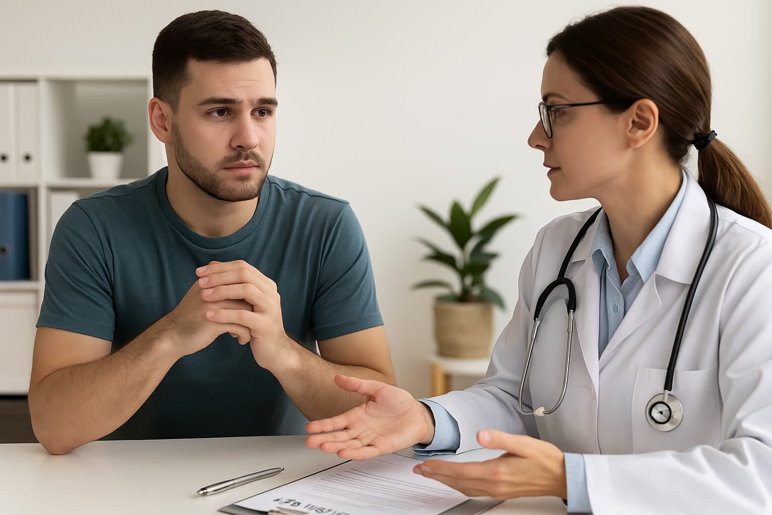 Doctor discussing life insurance options with a young man after testicular cancer treatment