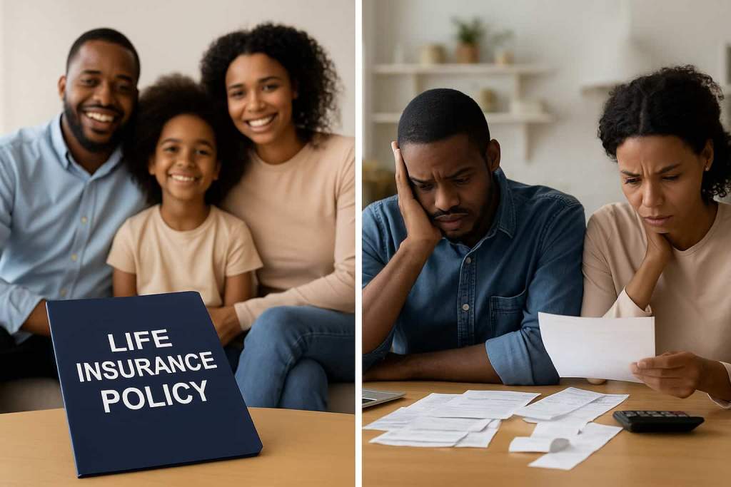 A split image showing two families: on the left, a smiling African American family sits together with a “Life Insurance Policy” folder in front of them, symbolizing financial security; on the right, another family looks stressed while reviewing bills at a table, representing the hardship of having no life insurance.