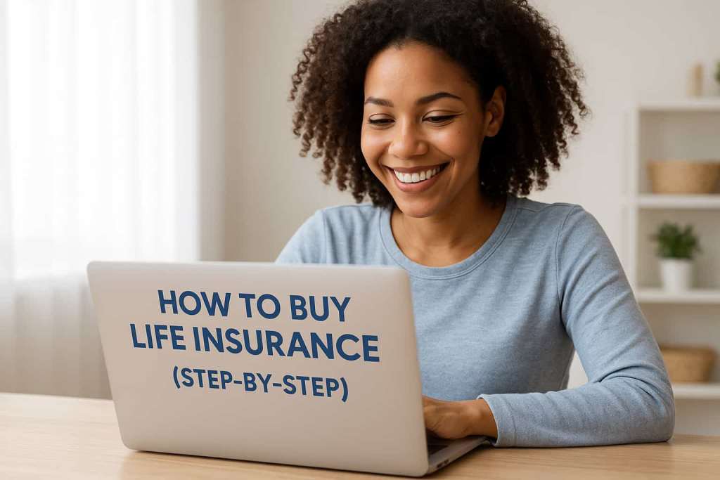 Adult applying for life insurance online from home using a laptop, warm and welcoming workspace