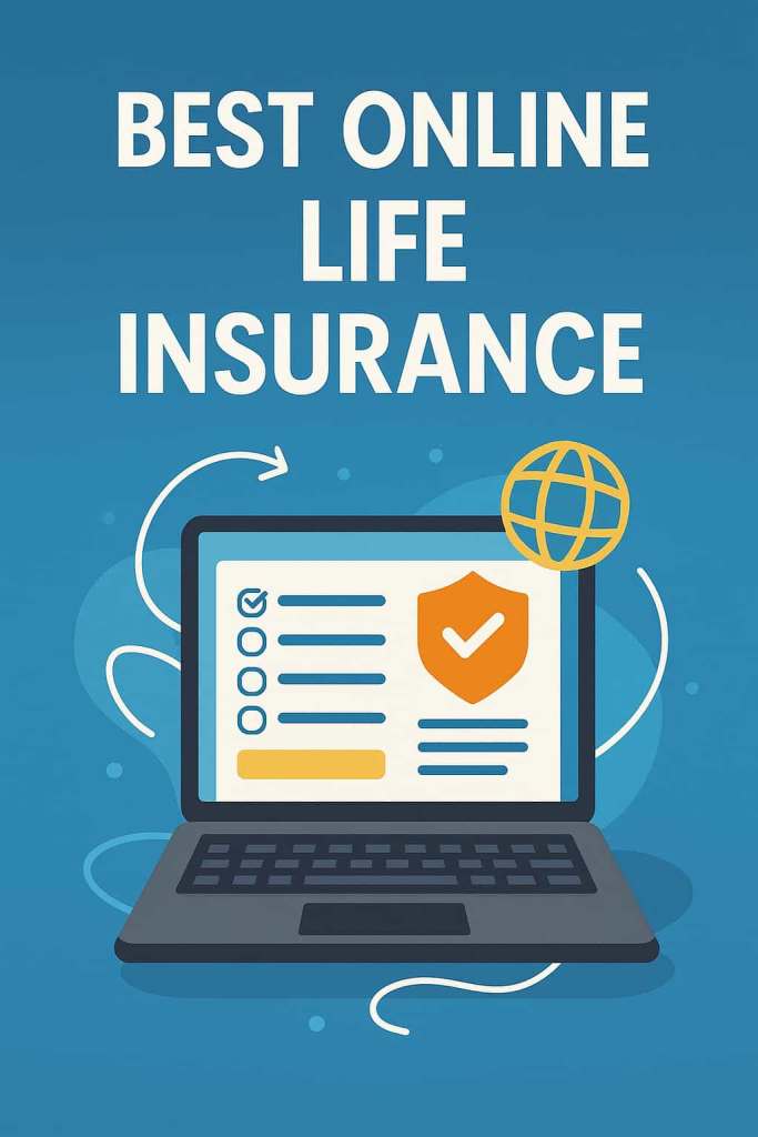 Digital illustration of a glowing laptop with a life insurance shield icon, symbolizing online life insurance in 2025