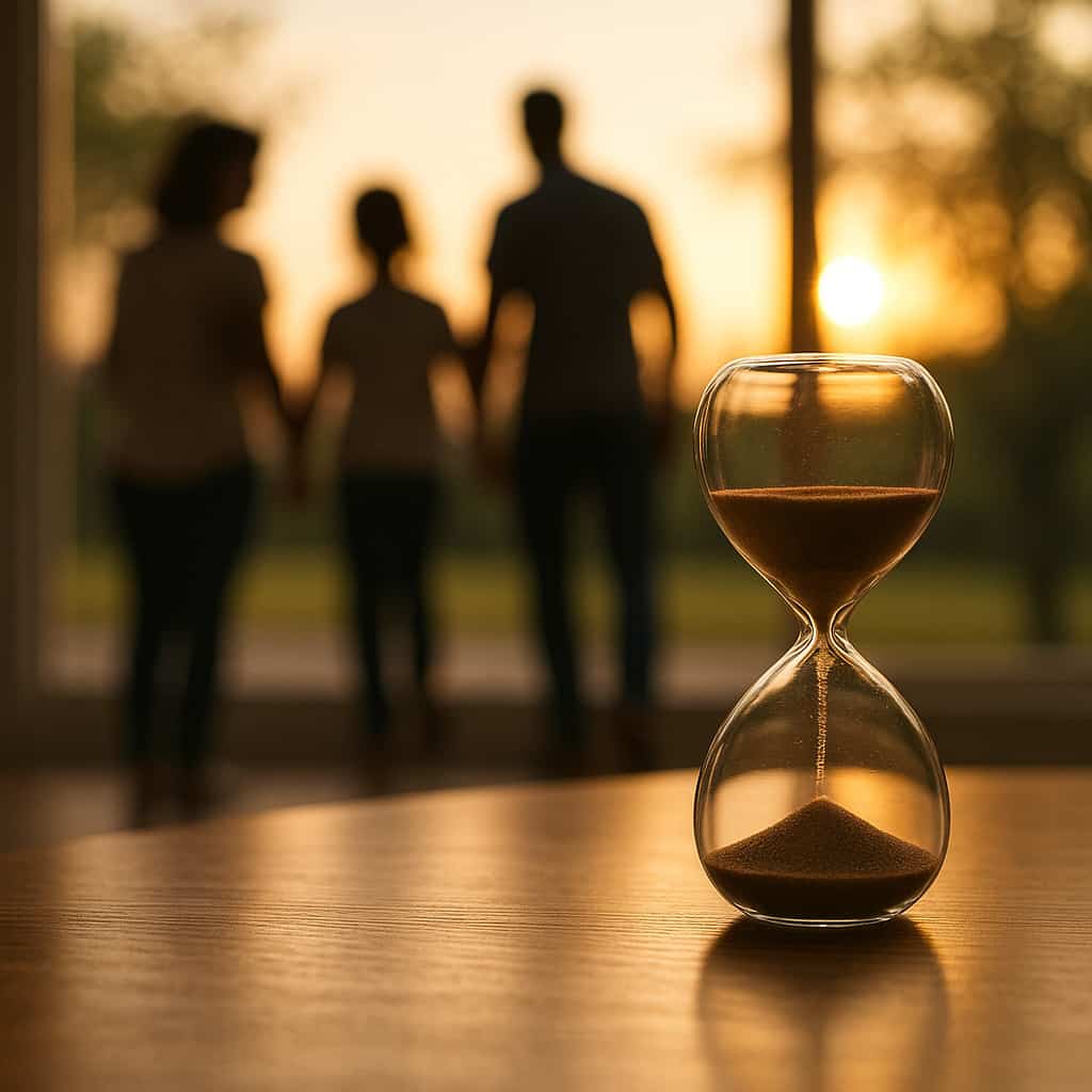 Hourglass on a wooden table with a blurred family in the background at sunset, symbolizing time and protection through life insurance