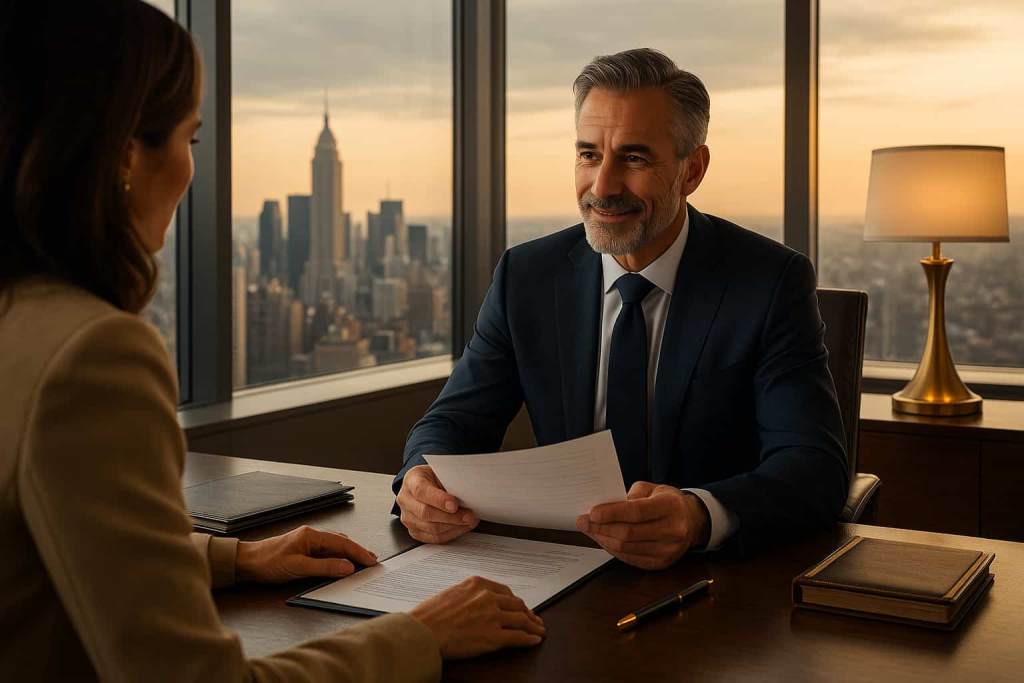 High-net-worth couple meeting with trusted advisor in elegant office with city skyline view, representing concierge life insurance guidance.