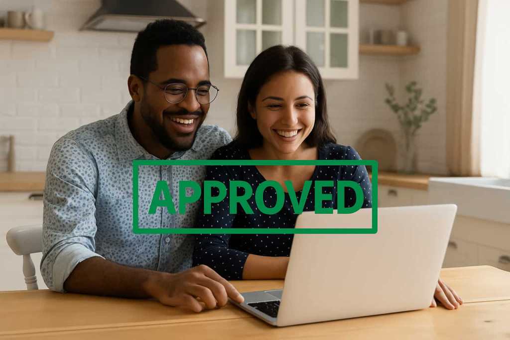 A smiling couple sitting at their kitchen table looking at a laptop after being approved for life insurance online