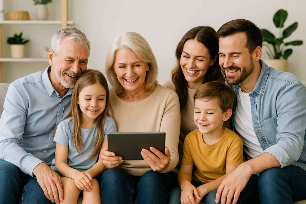Three-generation family with active grandparents and young grandkids outdoors in a flat vector style, symbolizing life insurance for senior citizens.