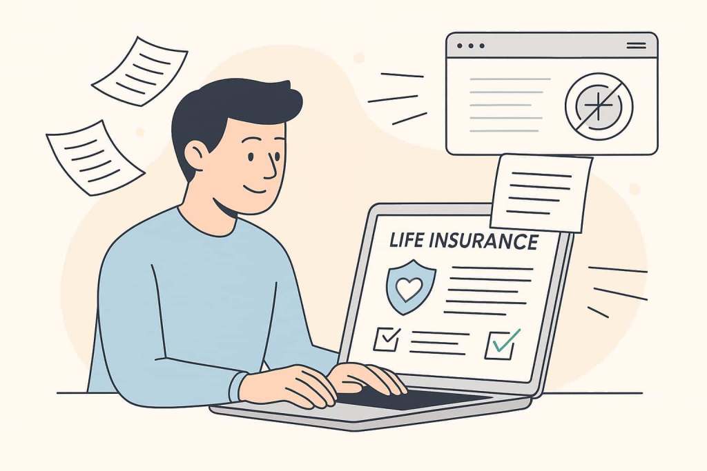 Person applying for life insurance online with no medical exam using a laptop